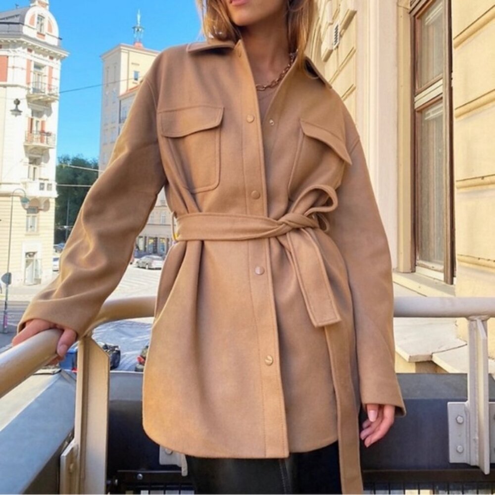 Wilfred aritzia Rialto Shirt Jacket Belted Wool Shacket Burnt Cedar Size M